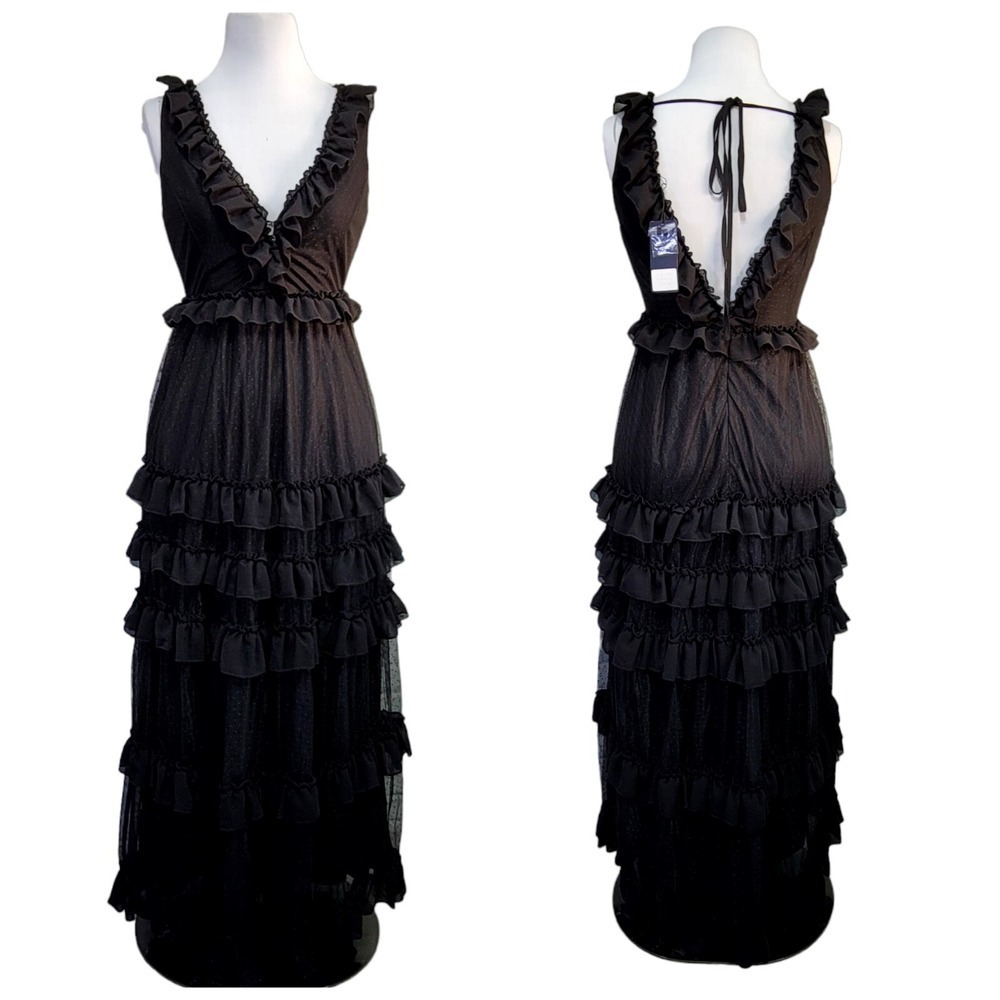 The Clothing Co Womens M Black Sleeveless Tiered Maxi Goth Gothic Wednesday